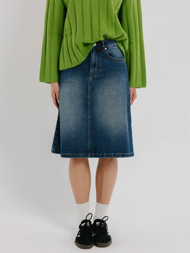 Image of a model wearing Denim. Productname: Beyond Her Alec Denim Skirt in Vintage Tint colour by brand - Beyond Her