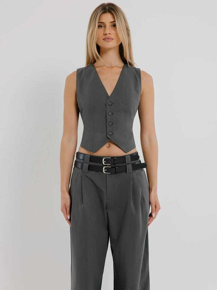 Image of a model wearing Outerwear. Productname: Beyond Her Juni Blazer Vest in Graphite colour by brand - Beyond Her