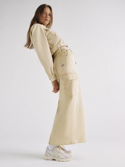 Image of a model wearing Skirts. Productname: G-Star Viktoria Long Cargo Skirt in Sun Faded Sand colour by brand - G-Star