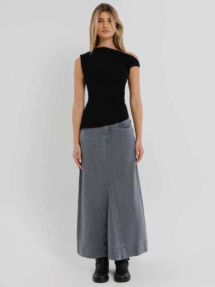 Image of a model wearing Skirts. Productname: Beyond Her Hazel Godet Maxi Skirt in Ash colour by brand - Beyond Her
