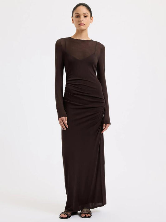 Image of a model wearing Dress. Productname: Nude Lucy Evelyn Knit Maxi Dress in Espresso colour by brand - Nude Lucy