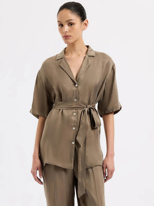 Image of a model wearing Tops. Productname: Nude Lucy Seshni Tencel Shirt in Chestnut colour by brand - Nude Lucy