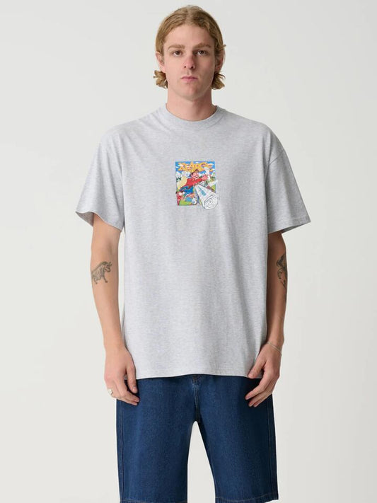 Image of a model wearing Tops. Productname: Xlarge Paper Round Tee in Ash Heather colour by brand - Xlarge