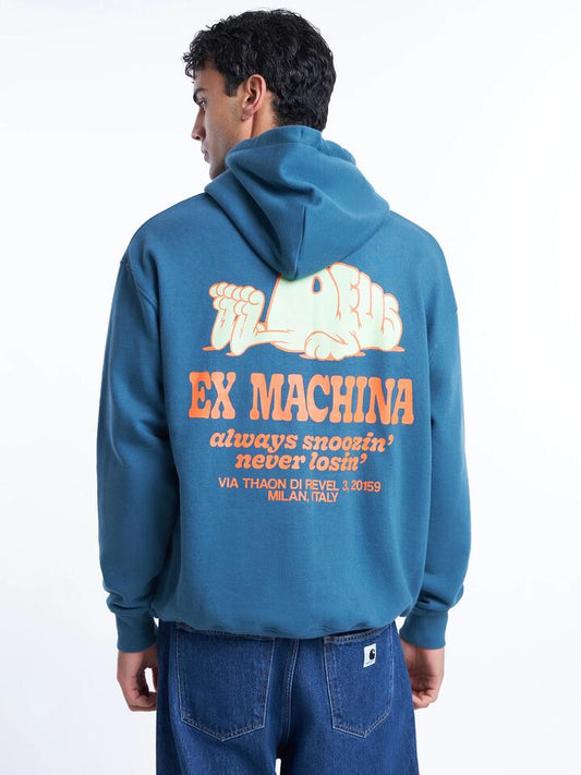 Image of a model wearing Outerwear. Productname: Deus Snoozin Hoodie in Indian Teal colour by brand - Deus