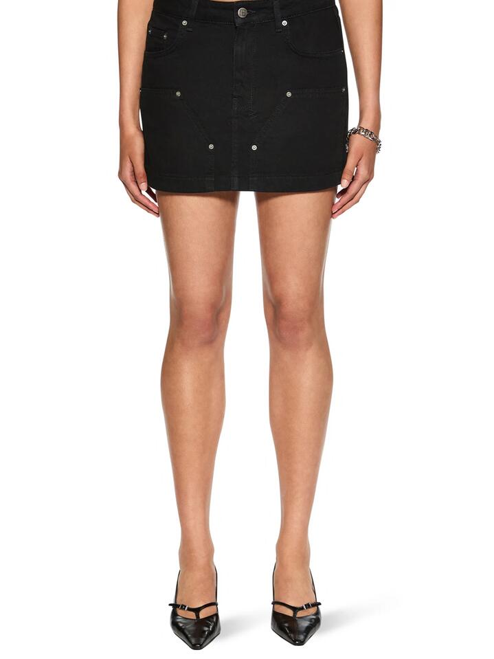 Image of a model wearing Skirts. Productname: Ksubi Low Rider Mini Skirt - Barnyard Black in Barnyard Black colour by brand - Ksubi