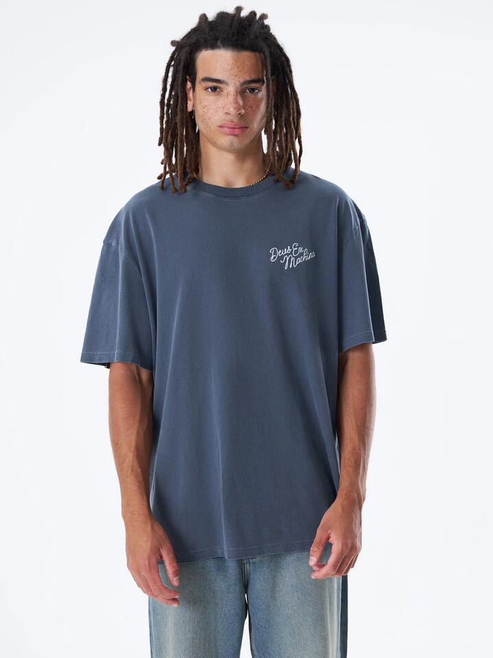 Image of a model wearing Tops. Productname: Deus GD Roadhouse Tee in Caviar colour by brand - Deus