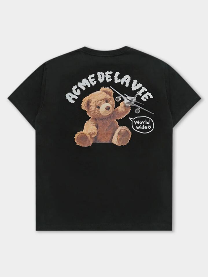 Image of a model wearing Tops. Productname: ADLV World Wide Airplane Bear Tee in Black colour by brand - ADLV