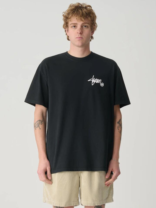 Image of a model wearing Tops. Productname: S-Double Roots Dot Tee in Washed Black colour by brand - S-Double