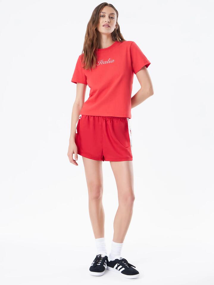 Image of a model wearing Shorts. Productname: Beyond Her Nori Mini Short in Cherry Red colour by brand - Beyond Her
