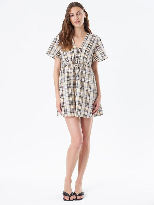 Image of a model wearing Dress. Productname: Beyond Her Kaia Smock Dress in Banana Check colour by brand - Beyond Her