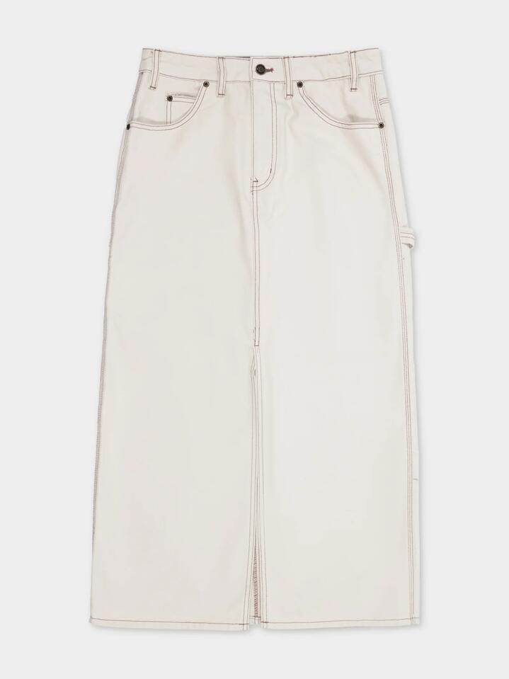 Image of a model wearing Skirts. Productname: Dickies 1996 Mid Carpenter Skirt in Bone colour by brand - Dickies