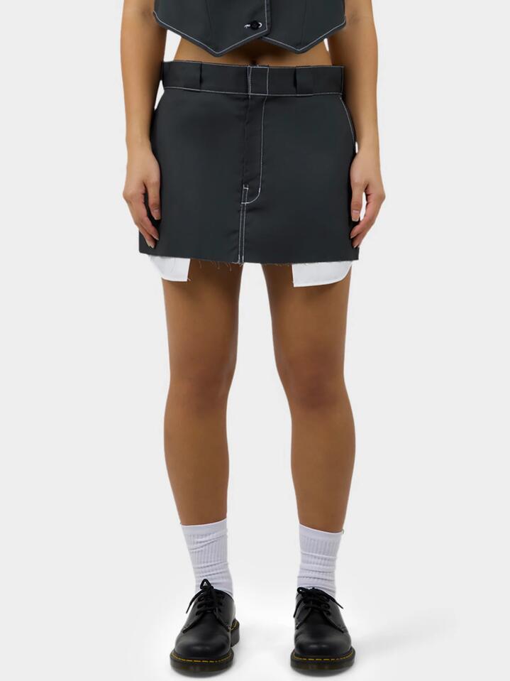 Image of a model wearing Skirts. Productname: Dickies 874 Original Fit Mini Skirt in Graphite White colour by brand - Dickies