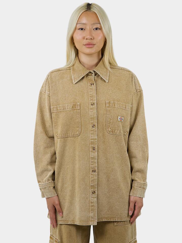 Image of a model wearing Tops. Productname: Dickies Florence L/S Oversized Shirt in Stone Wash Desert Sand colour by brand - Dickies