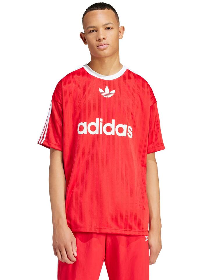 Image of a model wearing Tops. Productname: Adidas Adicolor Poly T-Shirt in Better Scarlet/White colour by brand - Adidas