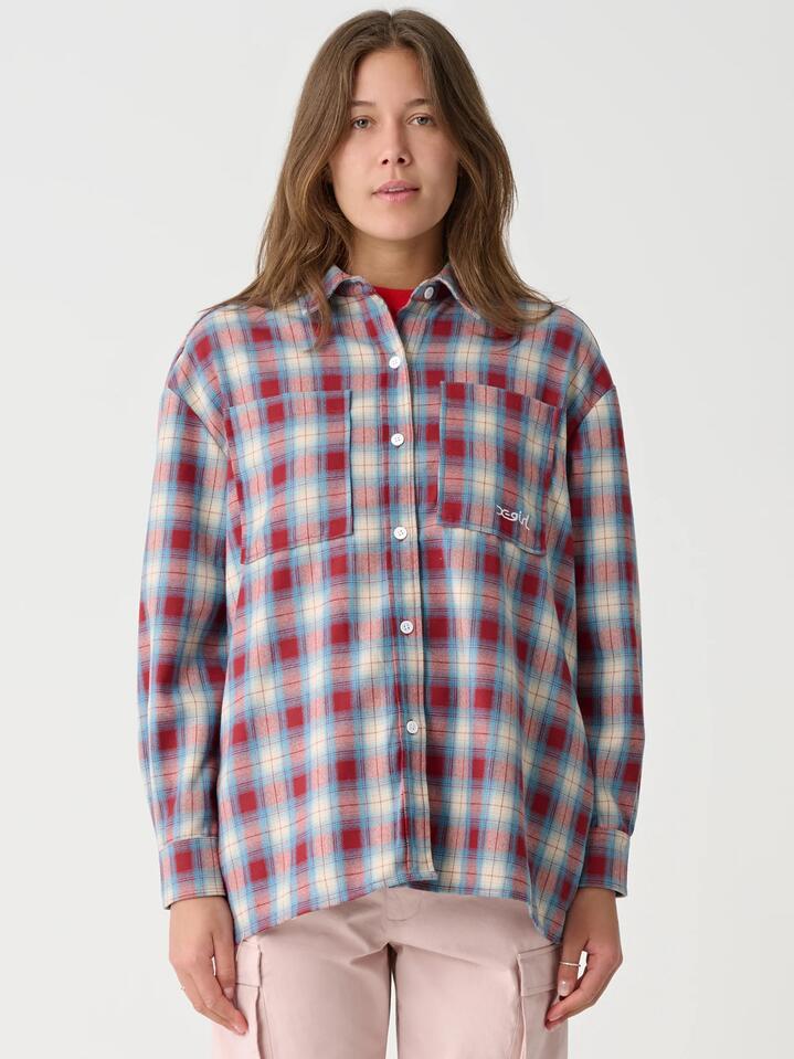 Image of a model wearing Tops. Productname: Xgirl Mills Check OS Shirt in Red colour by brand - Xgirl