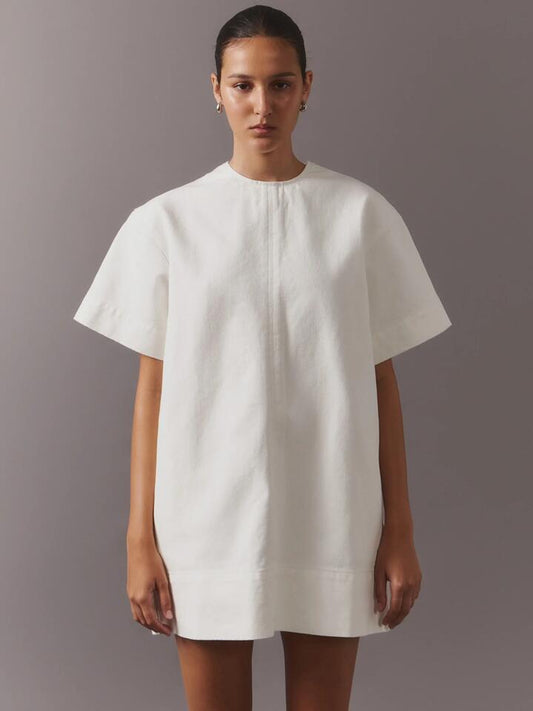 Image of a model wearing Denim. Productname: MSE Relaxed Denim Dress in Off White colour by brand - MSE