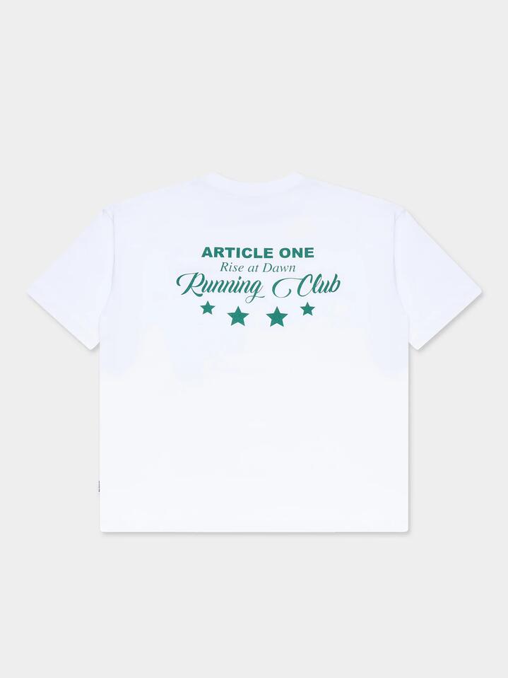 Image of a model wearing Tops. Productname: Article One Running Club Tee in White colour by brand - Article One