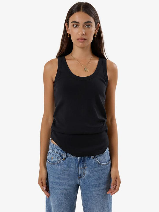 Image of a model wearing Tops. Productname: Thrills Fundamental U Tank in Washed Black colour by brand - Thrills