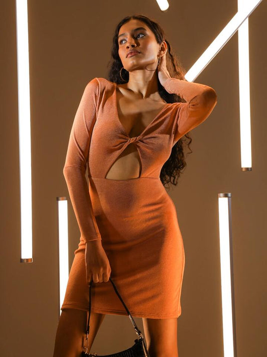 Image of a model wearing Dress. Productname: First Mse Benny Twist Front Dress in Bronze colour by brand - First Mse