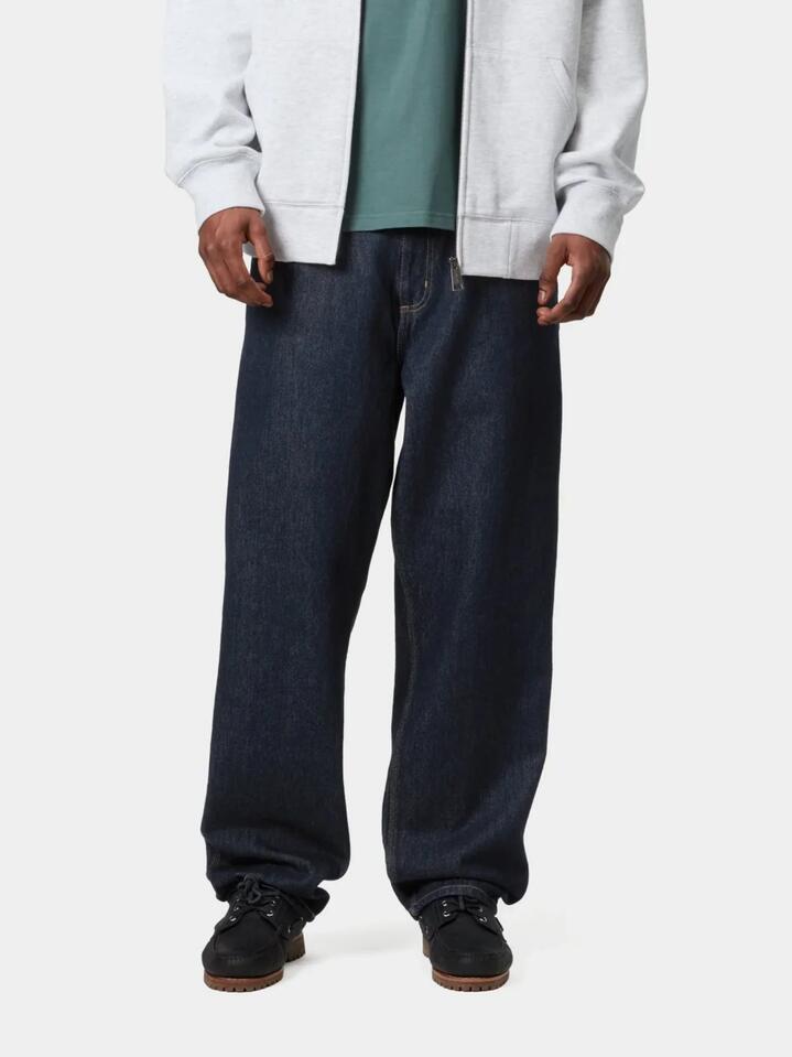 Image of a model wearing Pants. Productname: Carhartt Wip Single Knee Pants in Blue colour by brand - Carhartt Wip
