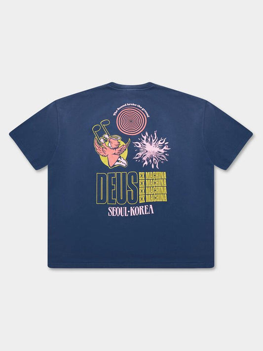 Image of a model wearing Tops. Productname: Deus Good Gracious Tee in Navy colour by brand - Deus