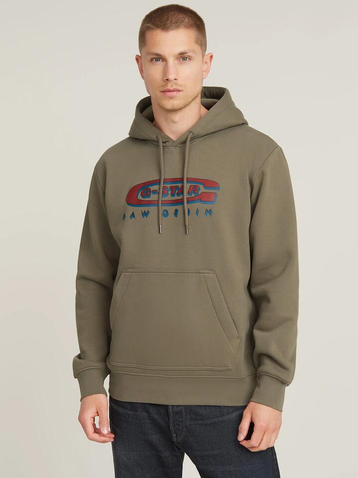 Image of a model wearing Outerwear. Productname: G-Star Old School Logo Hooded Sweater in Turf colour by brand - G-Star