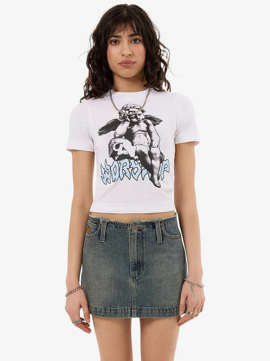 Image of a model wearing Tops. Productname: Worship Mortality Slim Tee in White colour by brand - Worship