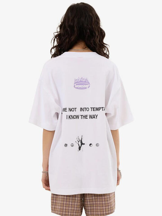 Image of a model wearing Tops. Productname: Worship Temptation Tee in White colour by brand - Worship