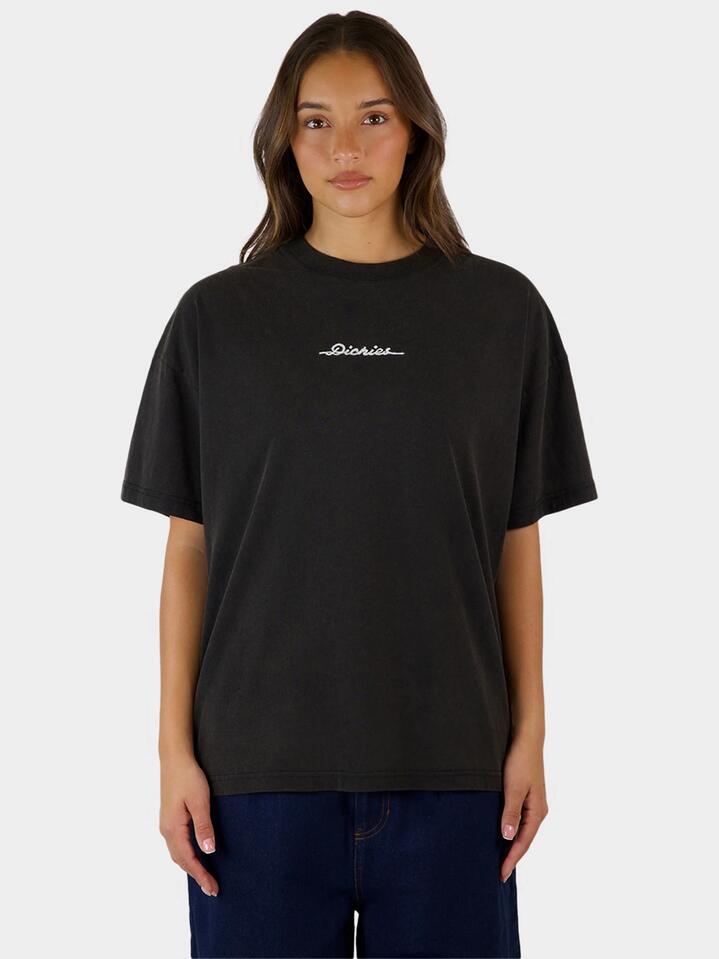 Image of a model wearing Tops. Productname: Dickies Oversized Tee in Black Acid Wash colour by brand - Dickies