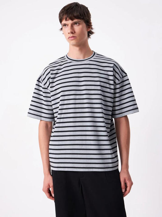Image of a model wearing Tops. Productname: Article One Stripey Tee in Grey/Black colour by brand - Article One