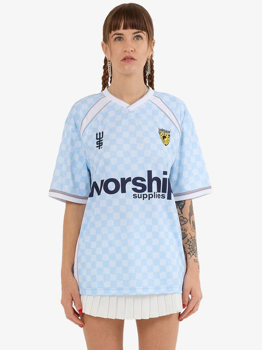 Image of a model wearing Tops. Productname: Worship Take A Trip V Neck Football Jersey in ICE MELT colour by brand - Worship