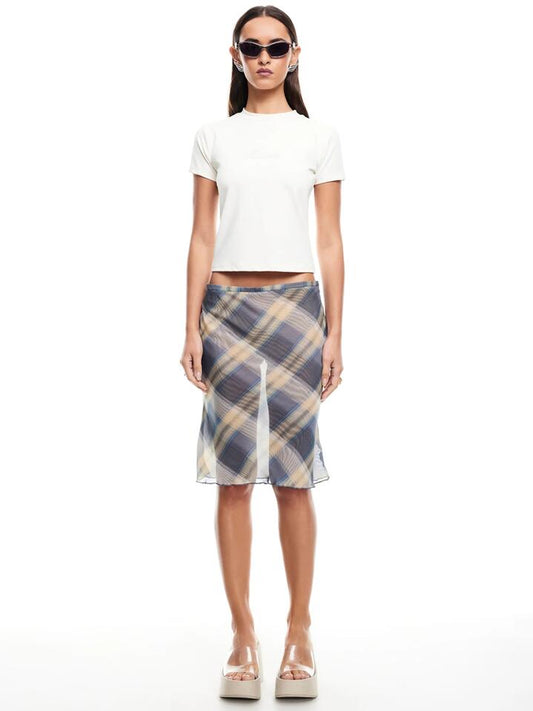 Image of a model wearing Skirts. Productname: Lioness Shoreline Midi Skirt in Blue Check colour by brand - Lioness