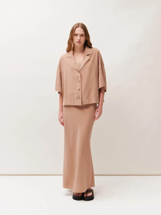 Image of a model wearing Tops. Productname: Lulu & Rose Tulli Shirt in Latte colour by brand - Lulu & Rose