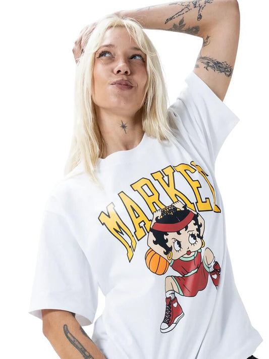 Image of a model wearing Tops. Productname: Market Betty Boop Dunking T-Shirt in White colour by brand - Market