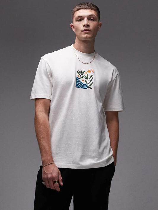 Image of a model wearing Tops. Productname: Topman Landscape Embroidery Oversized T-Shirt in Ecru colour by brand - Topman