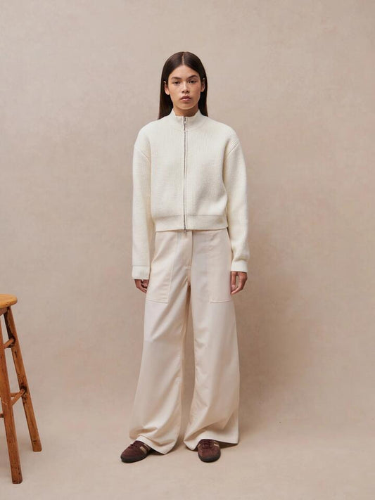 Image of a model wearing Pants. Productname: MSE Soft Wide Leg Pant in Crema colour by brand - MSE