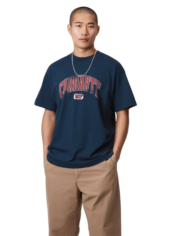 Image of a model wearing Shorts. Productname: Carhartt Wip Short Sleeve Lecture T-Shirt in Ink colour by brand - Carhartt Wip