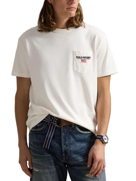 Image of a model wearing Tops. Productname: Polo Ralph Lauren Sport Pocket Tee in Nevis/Cruise Navy colour by brand - Polo Ralph Lauren