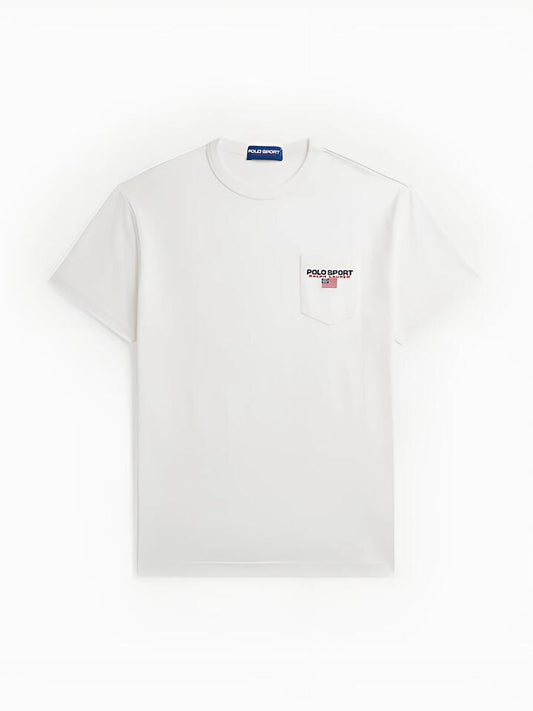 Image of a model wearing Tops. Productname: Polo Ralph Lauren Polo Sport Pocket Tee in Forest White colour by brand - Polo Ralph Lauren