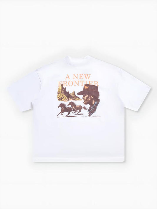 Image of a model wearing Tops. Productname: TNE A New Frontier Tee in Optic White colour by brand - TNE