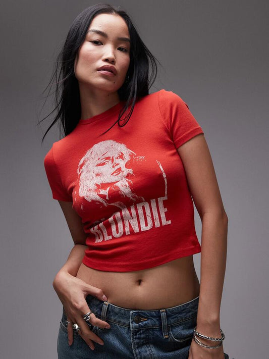 Image of a model wearing Tops. Productname: Topshop License Graphic Blondie Baby Tee in RED colour by brand - Topshop