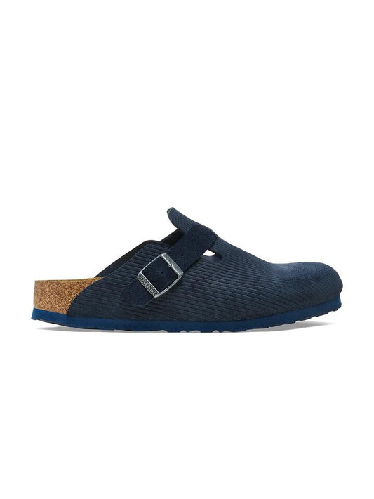 Image of Slippers. Productname: Birkenstock Unisex Narrow Corduroy Boston Soft Footbed Slip-Ons in Midnight colour by brand - Birkenstock