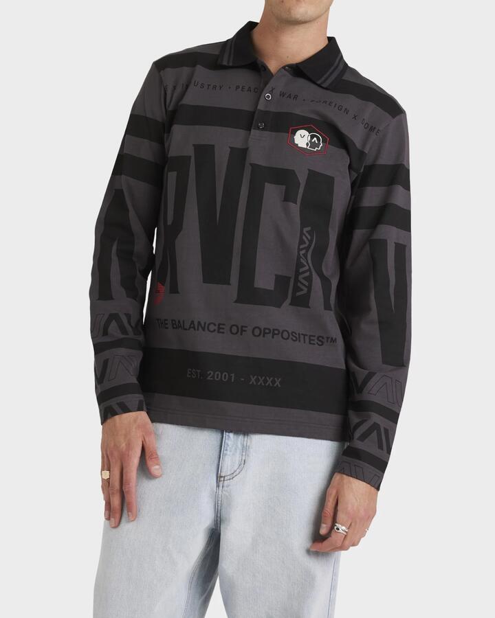 Image of a model wearing Tops. Product name - RVCA Mens All Brand Polo Long Sleeve Shirt Washed Black in Washed Black colour by brand - RVCA