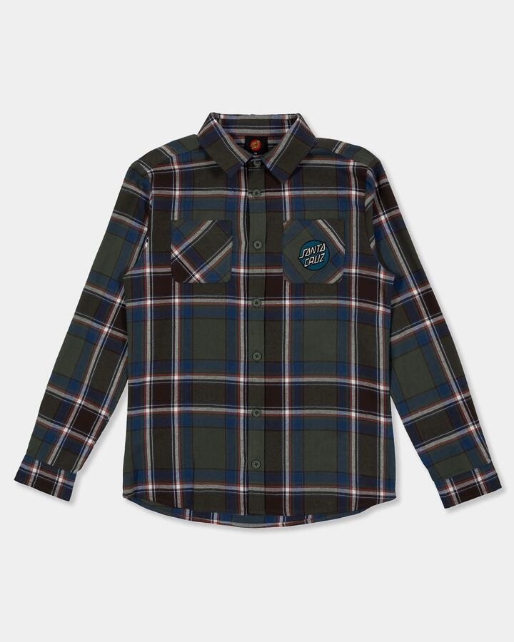Image of a model wearing Tops. Product name - Santa Cruz Boys 8-16 Shred Long Sleeve Shirt Moss in Moss colour by brand - Santa Cruz