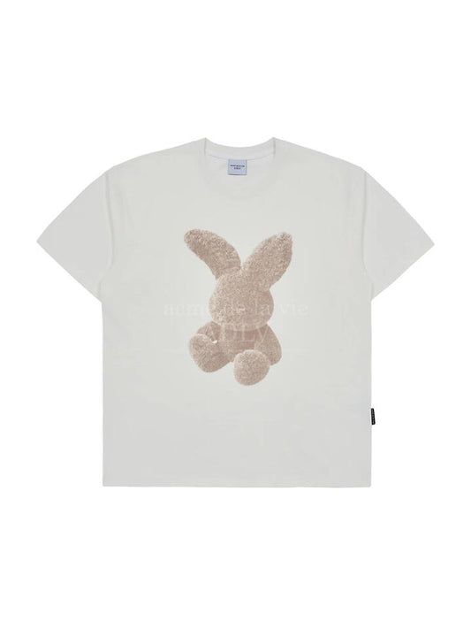 Image of a model wearing Shorts. Productname: ADLV Cream Fuzzy Rabbit Short Sleeve T-Shirt in CREAM colour by brand - ADLV
