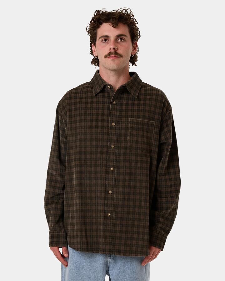 Image of a model wearing Tops. Product name - Thrills Mens Thrills Union Cord Check Long Sleeve Shirt Falcon in Falcon colour by brand - Thrills