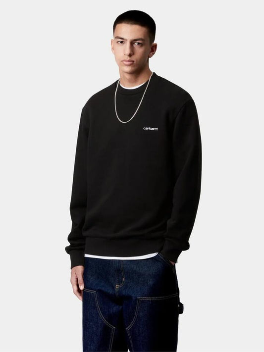 Image of a model wearing Outerwear. Productname: Carhartt Wip Script Embroidery Sweatshirt in Black/White colour by brand - Carhartt Wip