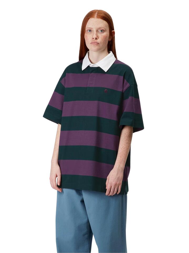 Image of a model wearing Tops. Productname: Carhartt Wip Seffner Polo T-Shirt in Seffner Stripe/Conifer colour by brand - Carhartt Wip