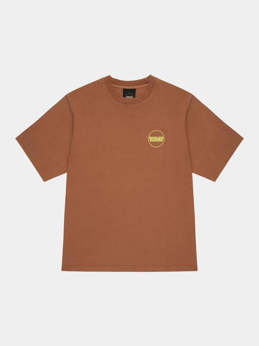Image of a model wearing Tops. Productname: Boiler Room Core Boiler Room Tee in Caramel colour by brand - Boiler Room