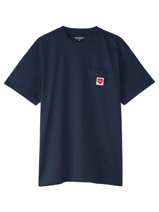 Image of a model wearing Tops. Productname: Carhartt Wip Pocket Heart T-Shirt in Blue colour by brand - Carhartt Wip